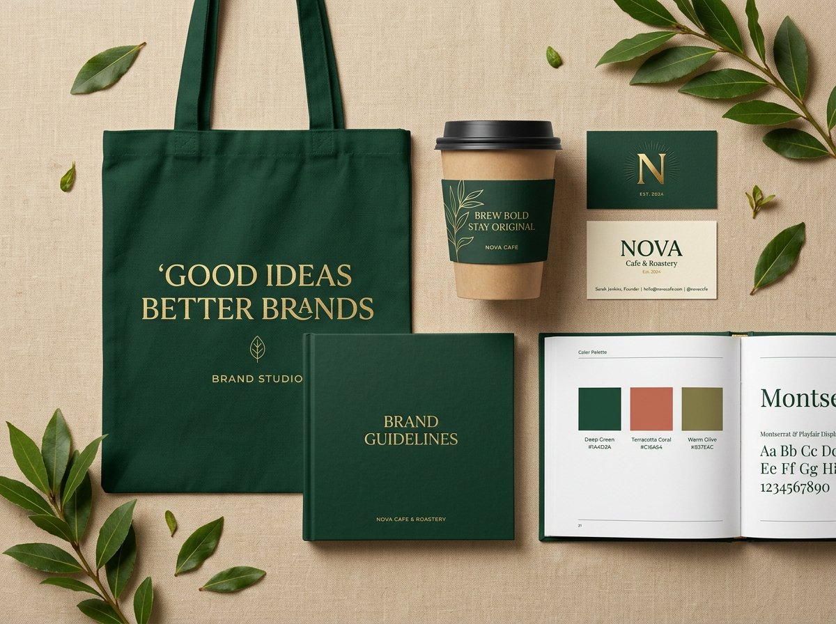 Branding & Creative Design Visual Mockup - Good Ideas Better Brands, Nova Cafe, Brand Guidelines