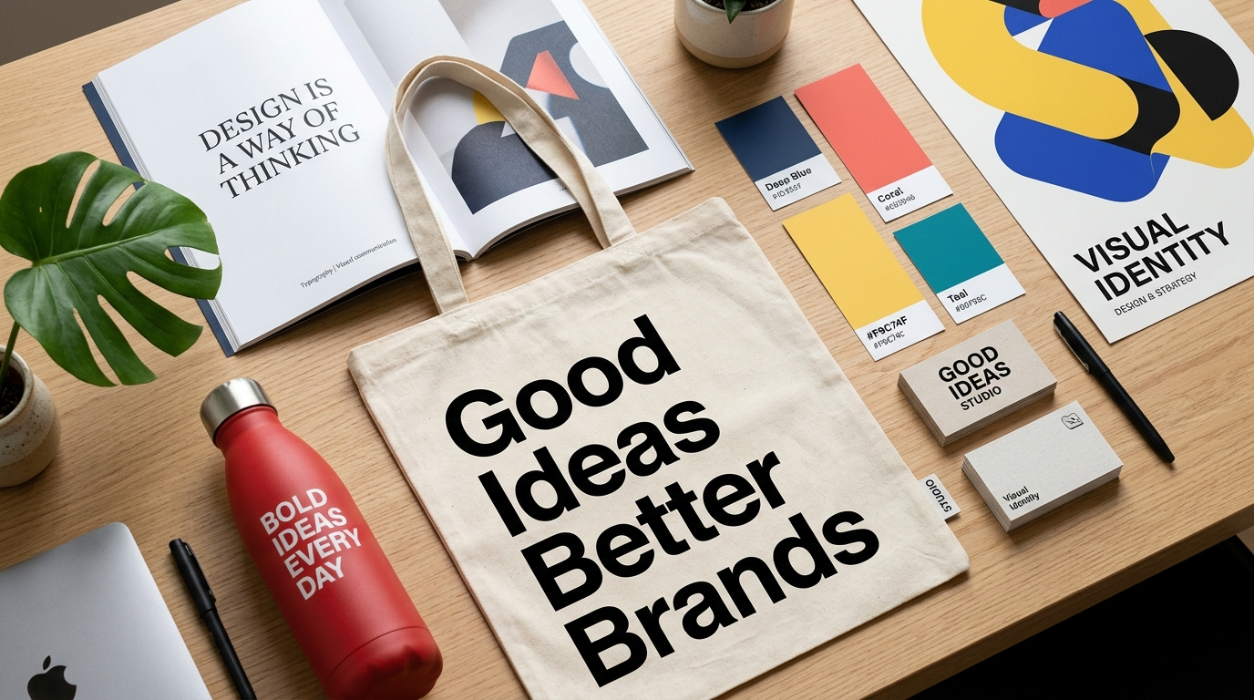 Design for a More Visual World - Brand Identity Mockup, Tote Bag, Water Bottle & Editorial Catalog