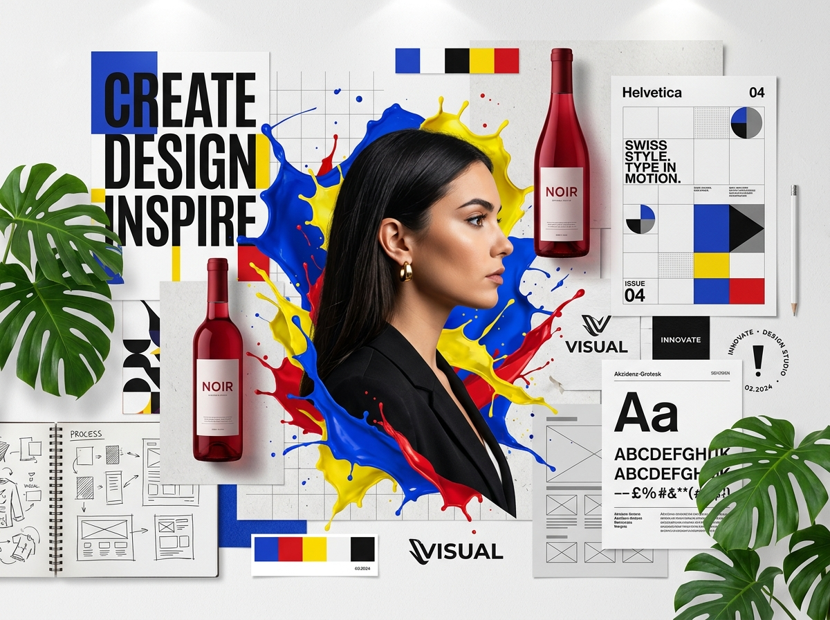 Graphic Design Course Creative Collage Showcase - CREATE DESIGN INSPIRE, Swiss Poster, Typography & Packaging