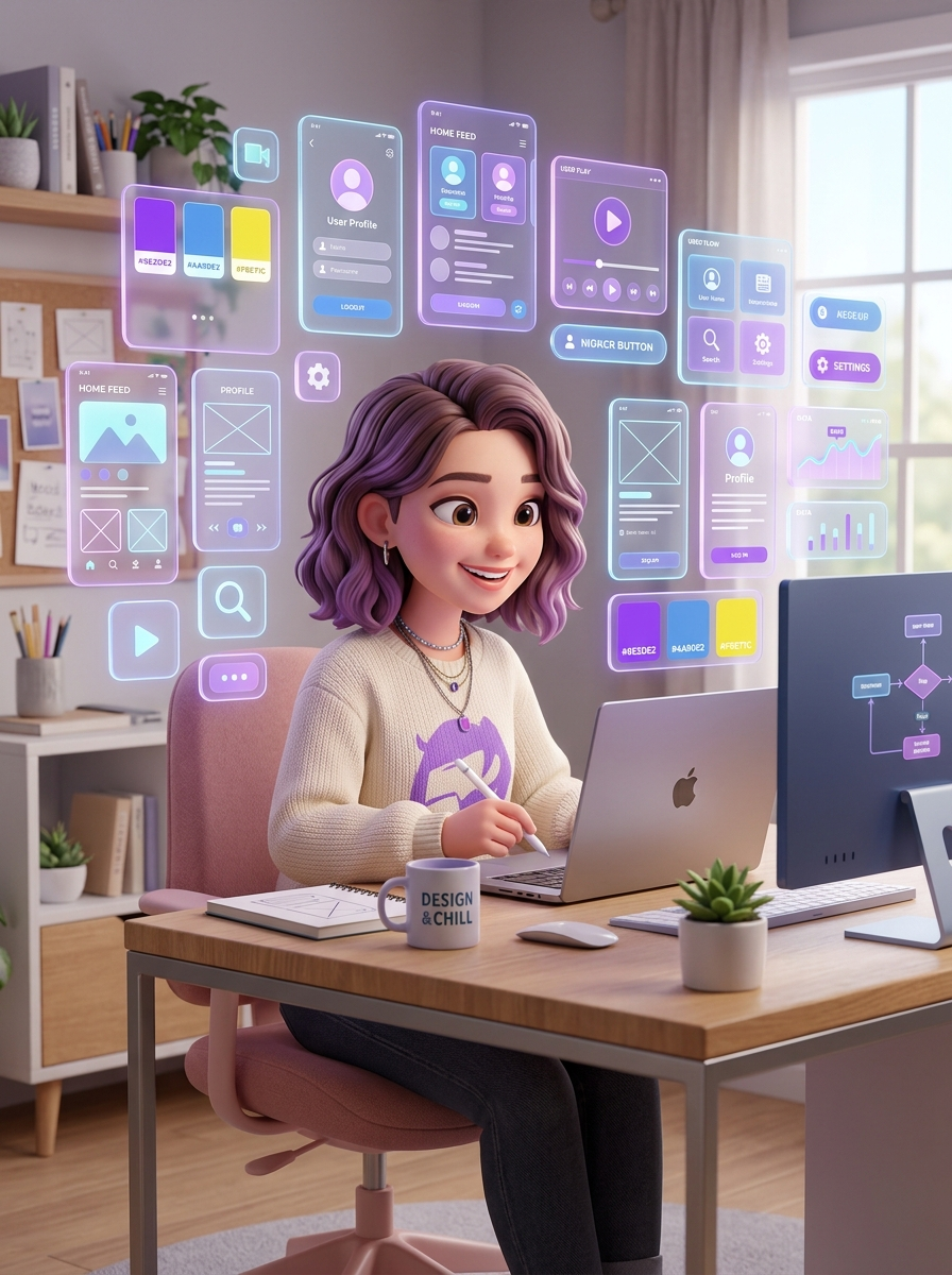 3D Designer Girl typing on laptop with UI floating cards